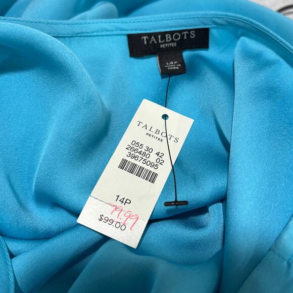 Talbots silk popover top 3/4 sleeve aqua blue scoop neck prairie style 14P NEW - Picture 3 of 7